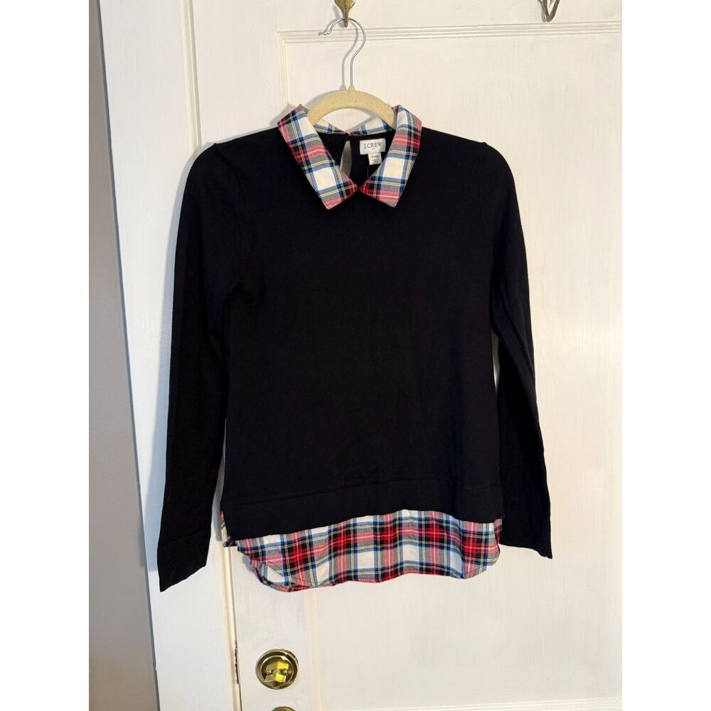 J. Crew Tartan Plaid Collar Overlay Black Sweater NWT